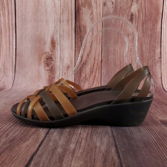 Crocs Womens Size 6 Huarache Mini Wedge Bronze Espresso Open Toe Sandals Shoes - Picture 2 of 14